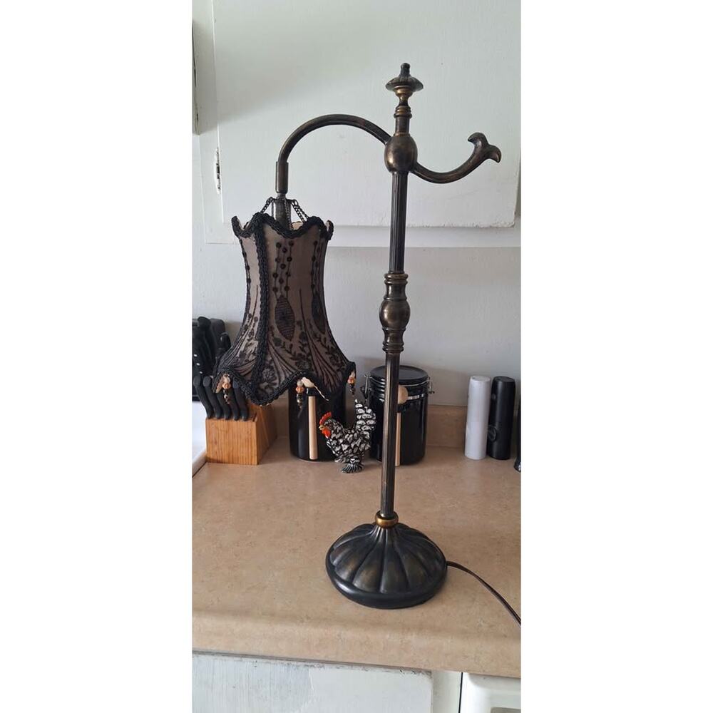 Vintage Bridge Arm Lamp with Black Lace Beaded Shade